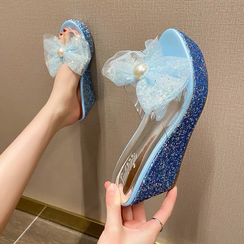 Dép đế xuồng nhũ quai trong suốt đính nơ 8 - 12 cm, hàng cao cấp