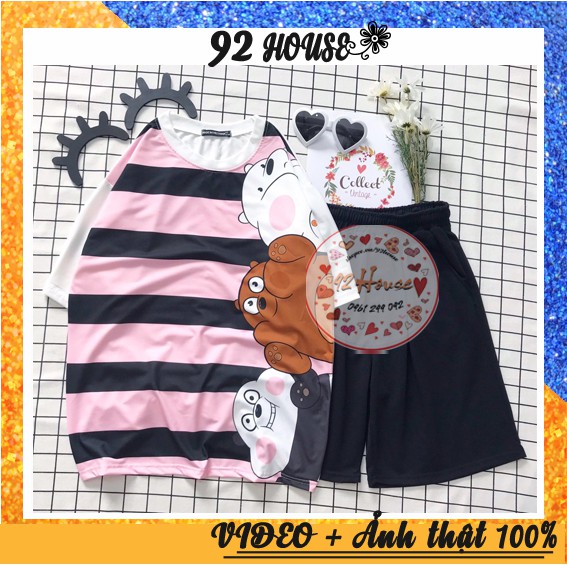 Đồ bộ cartoon unisex gấu ngộ nghĩnh freesize form rộng tay lỡ