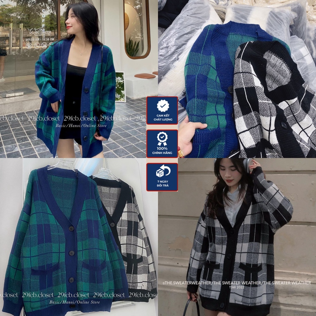 Sẵn Áo Khoác Len Cadigan Rộng Trùm Mông From Rộng Áo KHoác Kẻ Caro Xanh Đen Phong Cách Hàn Quốc Ak793