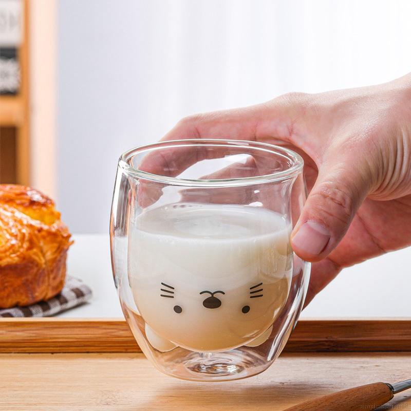 Cốc Thủy Tinh Chịu Nhiệt hình gấu bằng, Ly Thuỷ Tinh Dễ Thương 2 lớp HelloHouse 270ml Rẻ Đẹp Phong Cách Hàn Quốc