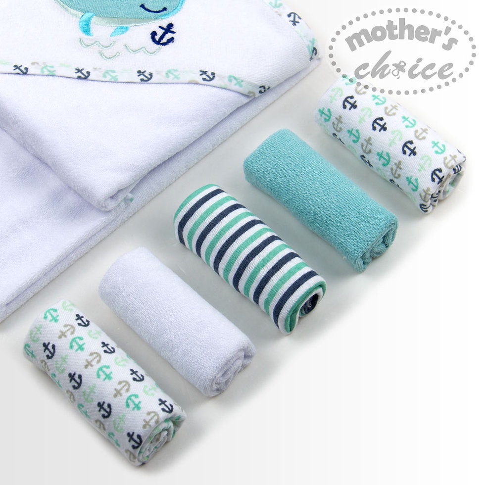 Set Khăn tắm cho bé trùm đầu (75x75cm) kèm 5 khăn mặt (23x23cm) hình cá heo xanh đáng yêu Mother's Choice IT3478