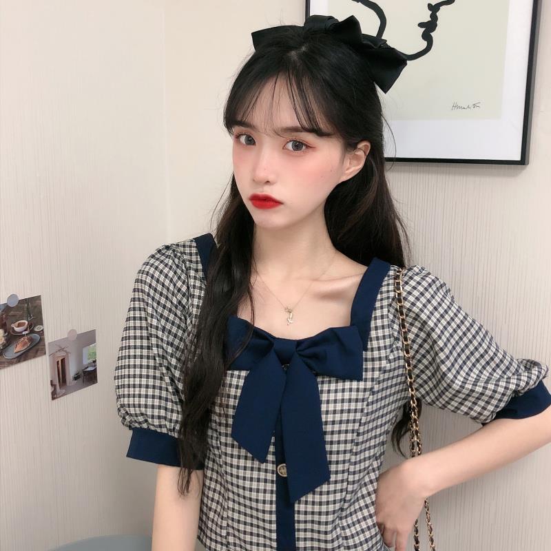 AMOI Áo Sơ Mi Ngắn Cổ Vuông Hở Vai Họa Tiết Sọc Caro Phong Cách Pháp Thời Trang 2022 Cho Nữ