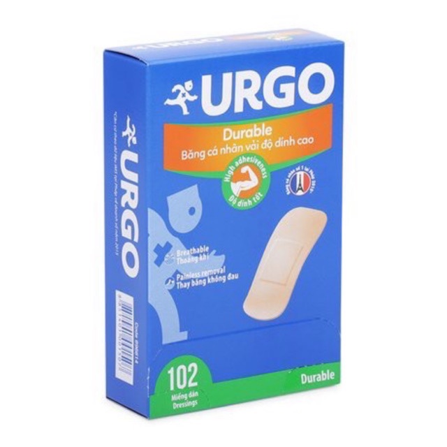 Băng cá nhân vải độ dính cao Urgo Durable - Nền vải co giãn, keo dán chắc chắn, thông thoáng, thương hiệu Pháp