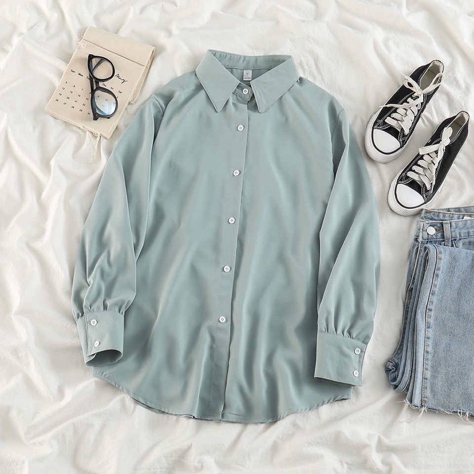 Áo Sơ Mi Tay Dài Dáng Rộng Màu Sắc Đơn Giản Cho Nữ