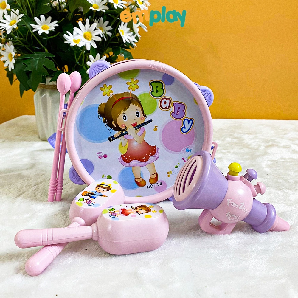 (Summer Sale 50%) Bộ đồ chơi trống kèn Emplay có mẫu kèm xúc xắc, kèn, âm vang tốt, chất liệu nhựa bền đẹp an toàn