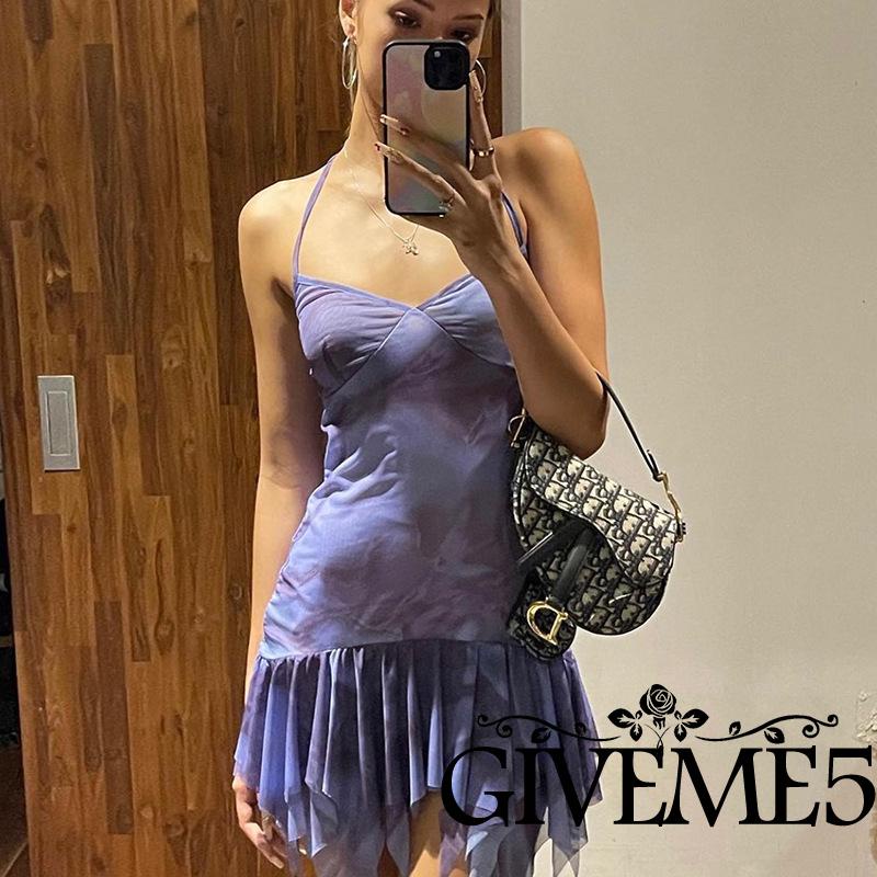 GIVEME-Women´s Sleeveless Dress Halterneck Summer Pleated Mini Dress with Mesh Long Sleeves