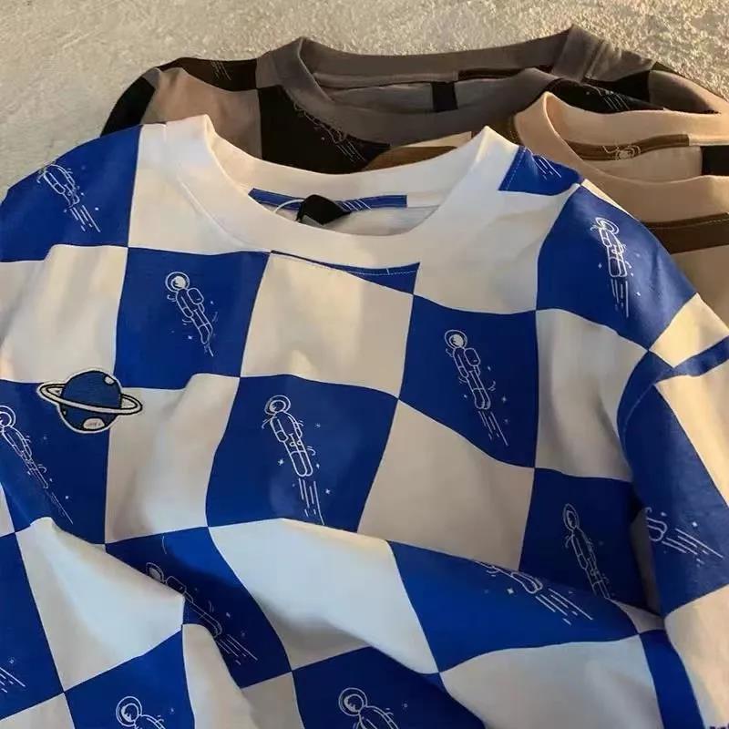 Áo thun COZOK tay ngắn dáng rộng họa tiết kẻ sọc ca rô phong cách Hong Kong thời trang dành cho nữ