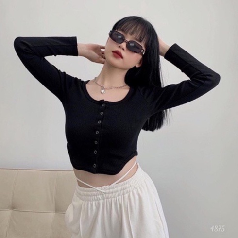 Áo croptop nữ vạt bầu dài tay phối cúc dọc vải thun tăm co giãn Shynstores