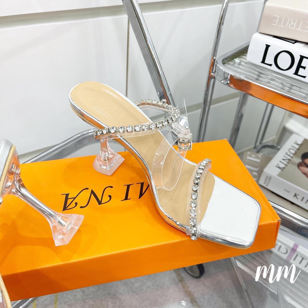 Giày sandal nữ HALEY STORE gót 9cm trong suốt hai quai đính đá xoàn phale tiểu thư công chúa hottrend tiệc cưới