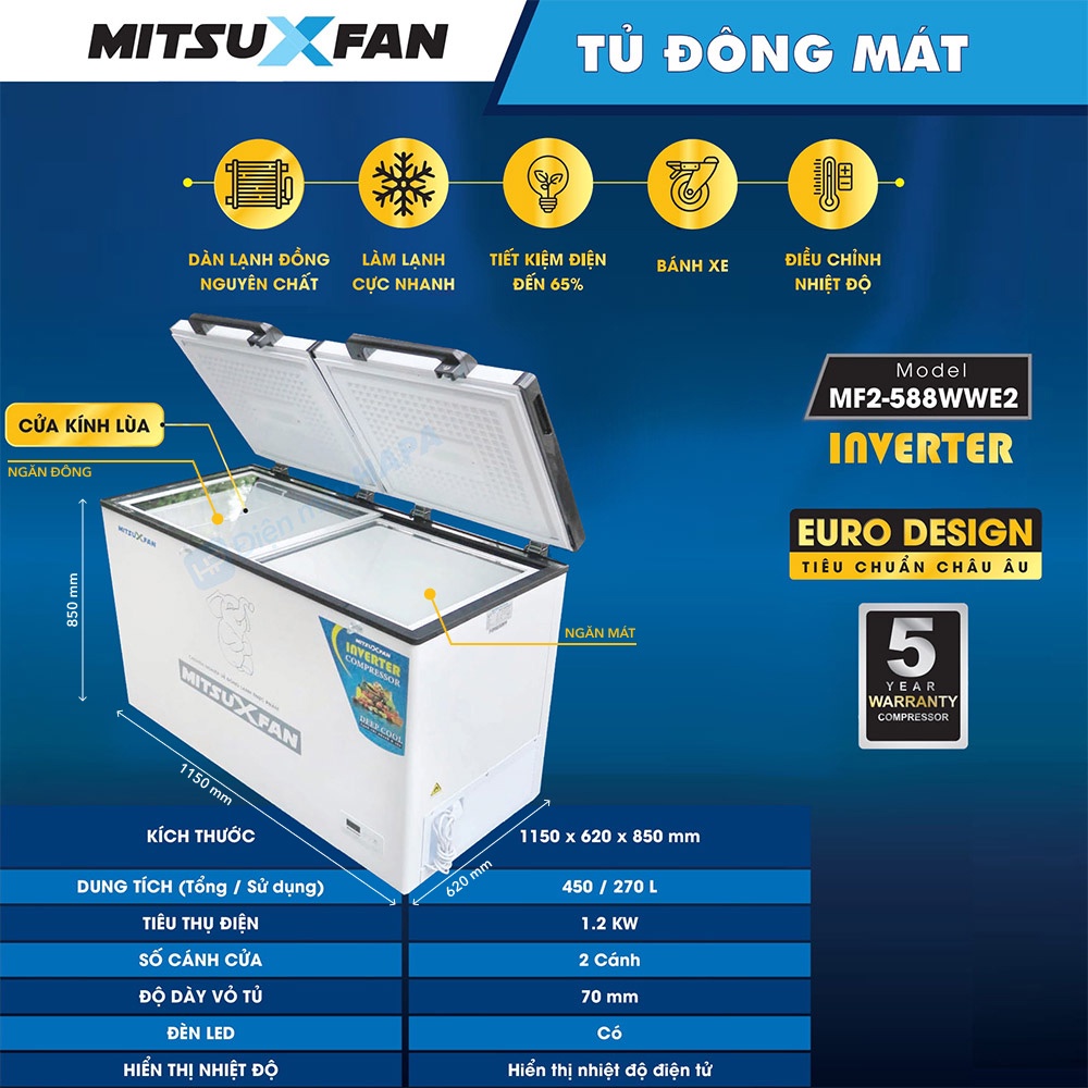 Tủ Đông+Mát Cao Cấp MITSUXFAN 02 Ngăn, Đầy Đủ Models, Inverter Tiết Kiệm Điện, Tiêu Chuẩn Châu Âu - Hàng Chính Hãng