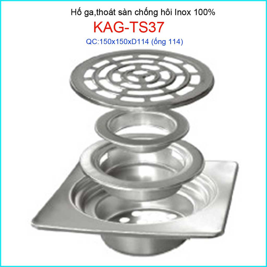 Phễu thoát sàn Inox  KAG-TS37 chống hôi 15x15cm, hố ga thoát sàn cho ống 114mm giá tốt chất lượng tốt