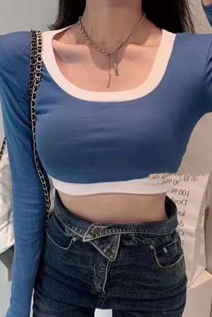 SUXI Áo Thun Dài Tay Cổ Chữ U Gợi Cảm Cho Nữ