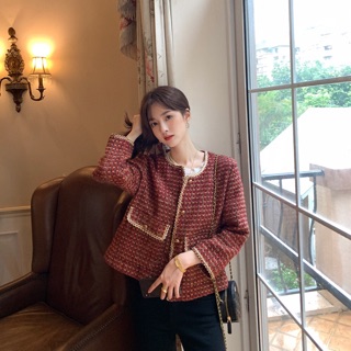 Áo khoác dạ tweed đỏ cổ tròn dáng ngắn vintage [Ảnh thật 4-9]