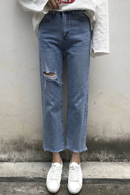 Hàng Sẵn_Quần baggy jeans rách quần ống rộng ulzzang