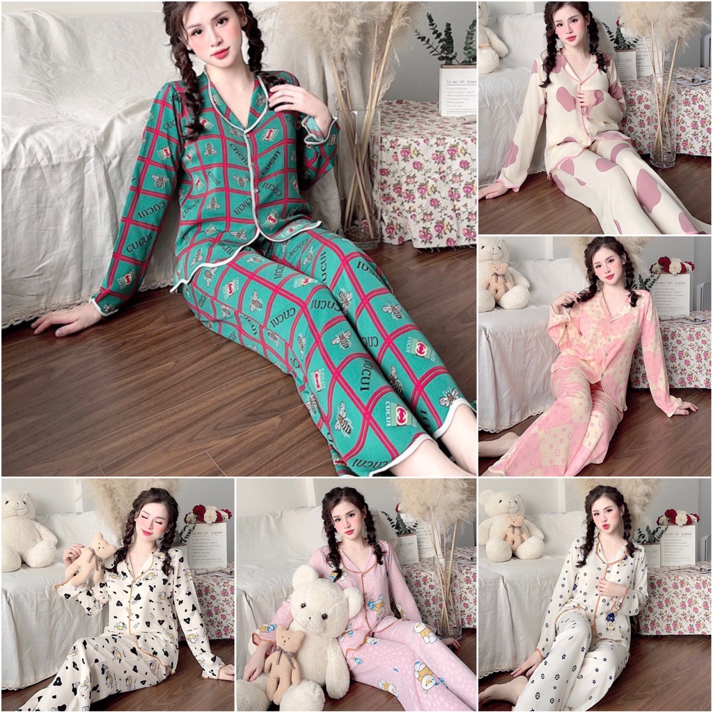 Đồ Bộ Pijama - Bộ Mặc Nhà Tay Dài Họa Tiết Sang Chảnh Siêu Mềm Mát