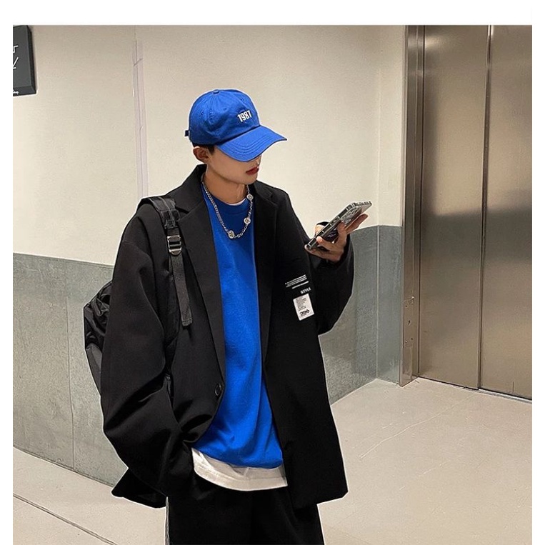 ÁO KHOÁC BlAZER FORM RỘNG T-A-N phong cách Hàn Quốc AV02 thời trang unisex size nam nữ dể phối đồ màu den in ngực