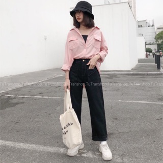 Jean ống rộng 2 túi trước đen