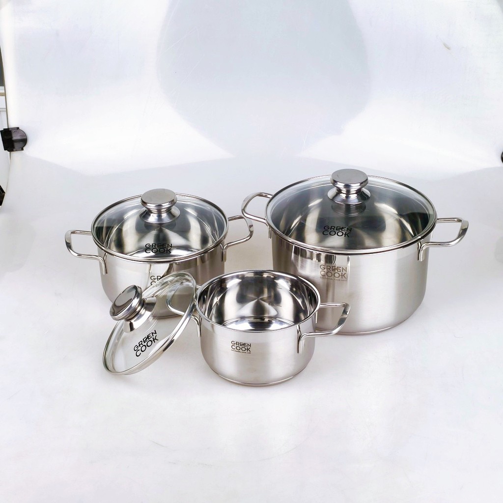 [Có Video] Bộ nồi inox 3 đáy thân cao , đáy từ không kén bếp chính hãng Greencook, bộ 3 size 16/20/24cm