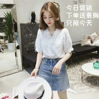 Áo sơmi phối ren cổ v xinh cho nữ kèm Fback