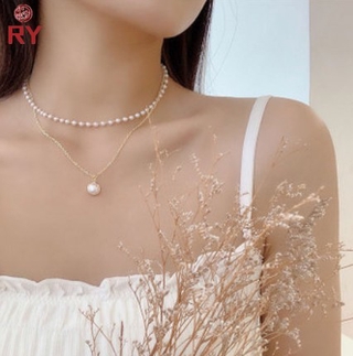 Dây chuyền đeo sát cổ hai lớp phối ngọc trai xuân hè hàng mới dễ thương dành cho bạn nữ