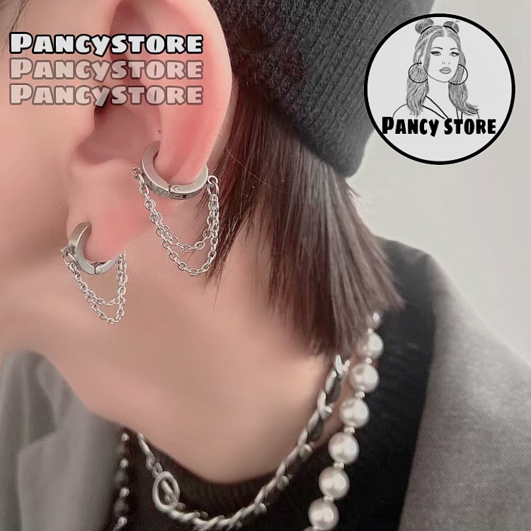 khuyên tai nam nữ tròn vòng xích 2 lớp bông tai titan Unisex