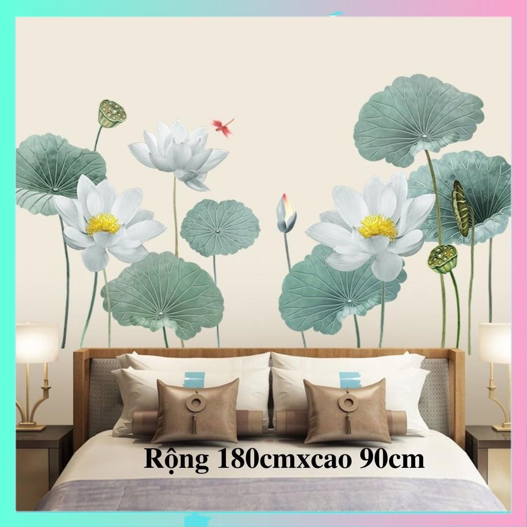 Decal dán tường, Tranh dán tường hoa sen trắng, decor phòng ngủ, phòng khách