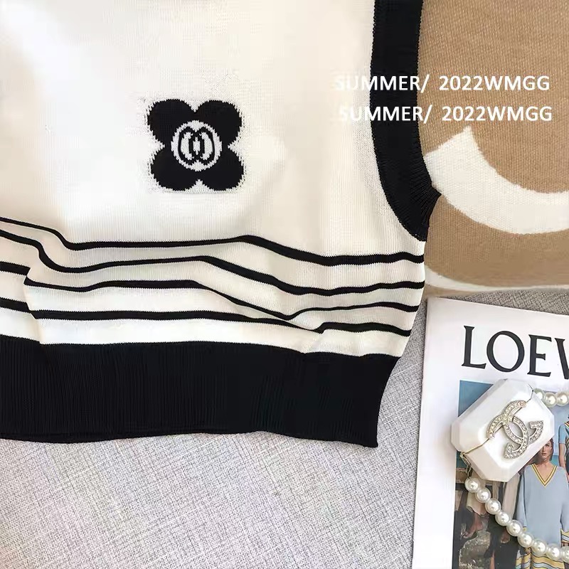 622201#Áo Dệt Kim Mỏng Màu Trắng Họa Tiết Kẻ Sọc Màu Tương Phản Thời Trang Mùa Hè Cho Nữ