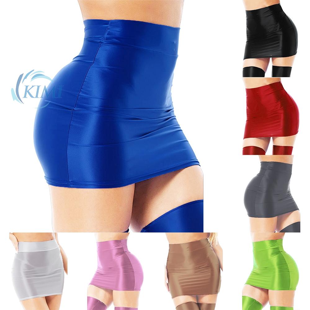 KIMI-Sexy Women\'s Oil Glossy Solid Pencil Bodycon Skirt High Waist Miniskirt Clubwear