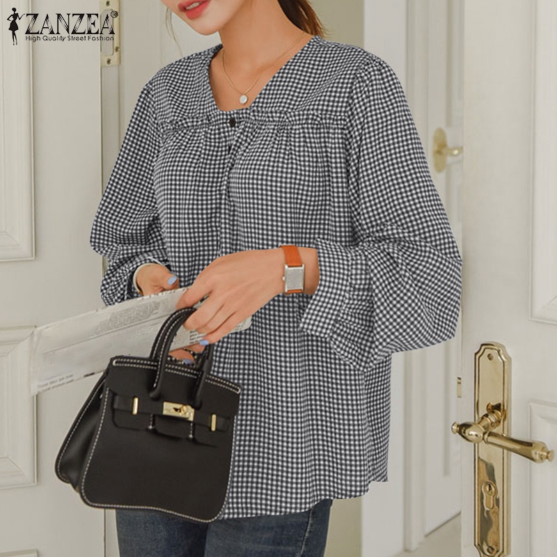 Áo sơ mi Zanzea họa tiết caro tay dài cổ chữ V phong cách retro hàn quốc cho nữ