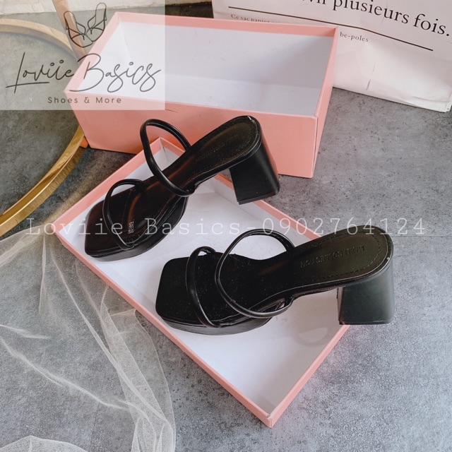 LOVIIE BASICS - DÉP NỮ THỜI TRANG CAO GÓT ĐẾ VUÔNG DÂY MÃNH ĐỆM MÀU 7CM 4 MÀU ĐEN - KEM - TRẮNG - BÒ . D200904
