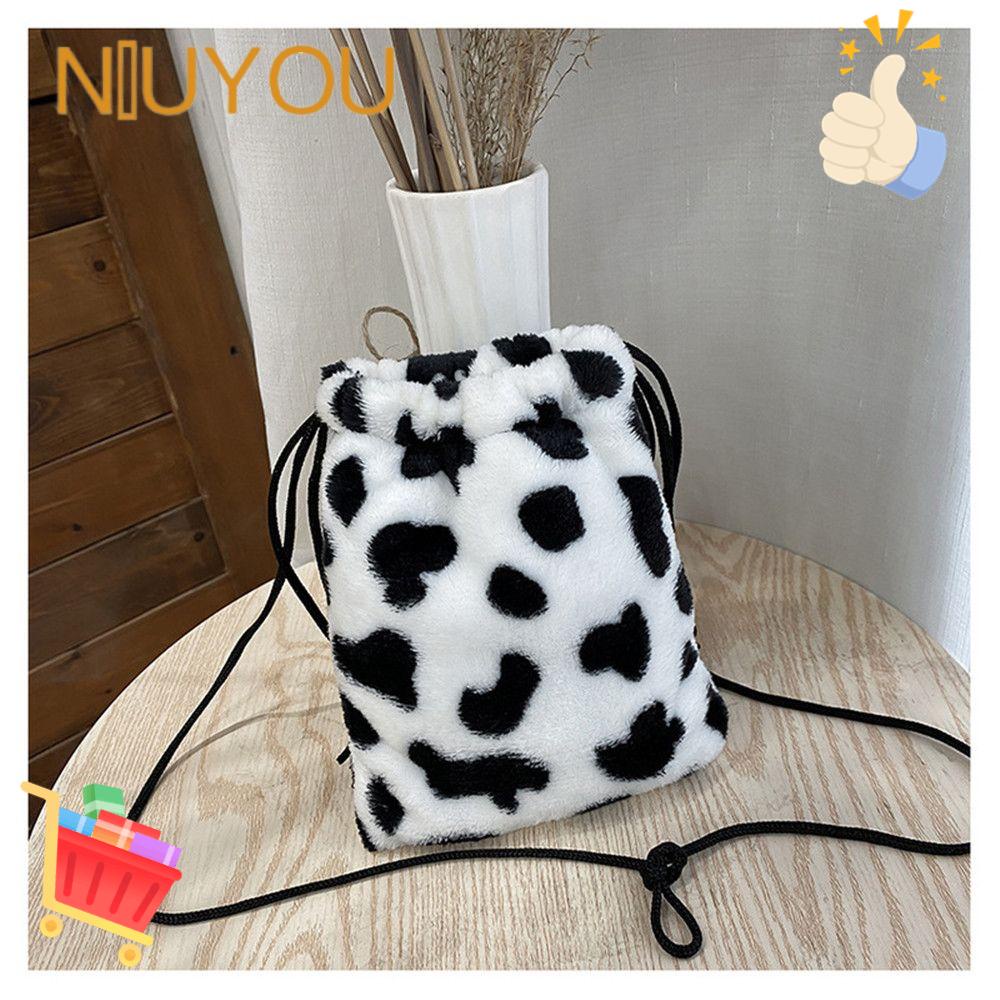 NIUYOU Drawstring Bag Cow Milk Print Winter Plush Crossbody Small Pouch Fashion Cute Women Girl Handbags