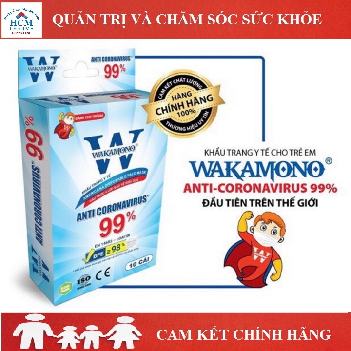 Khẩu trang y tế cho bé trẻ em Wakamono Việt Nam chính hãng 4 lớp màu trắng kháng khuẩn cao cấp hộp 10 cái HCM19