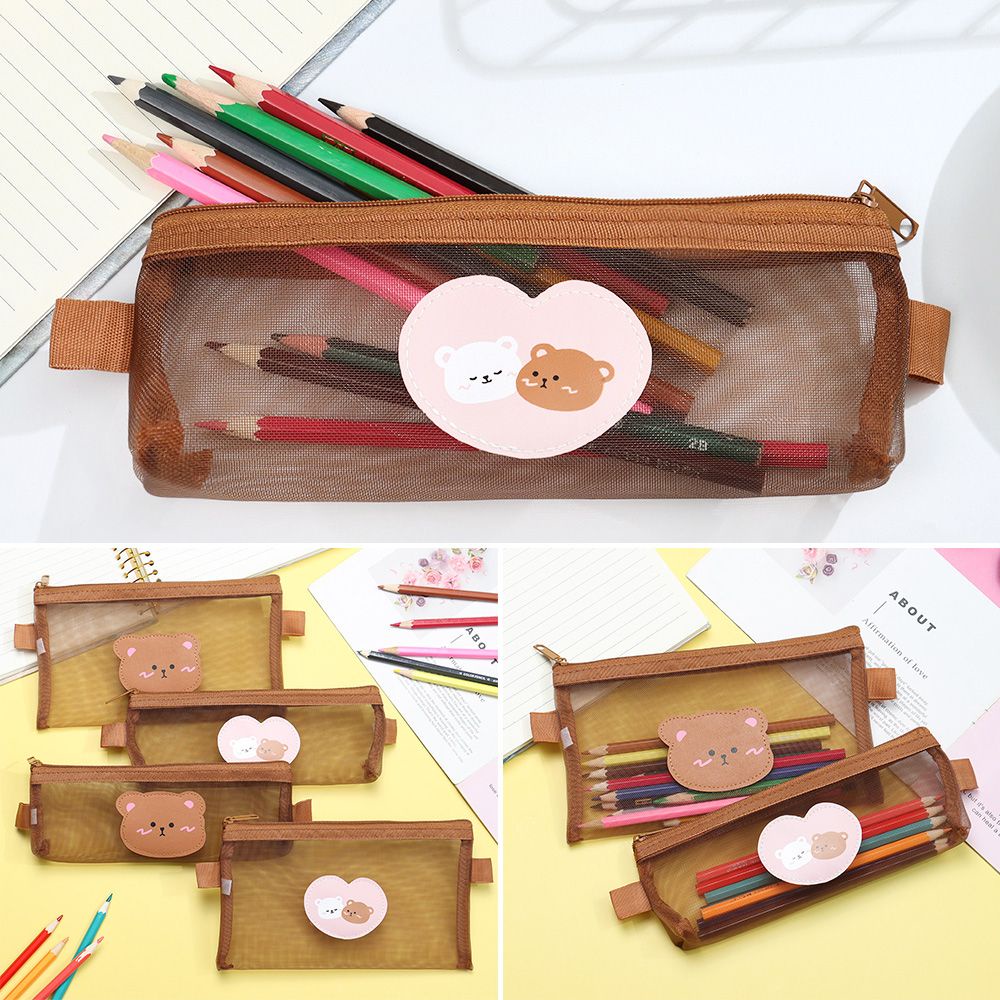 Bóp viết vải lưới trong suốt dung tích lớn in hình gấu nâu dễ thương