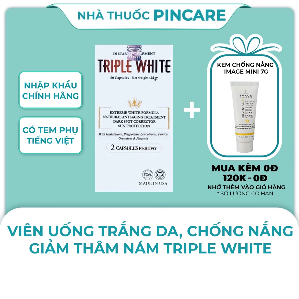 Viên uống sáng da Triple White chống nắng, đẹp da, giảm thâm nám của Mỹ - Hàng chính hãng - Nhà thuốc Pincare