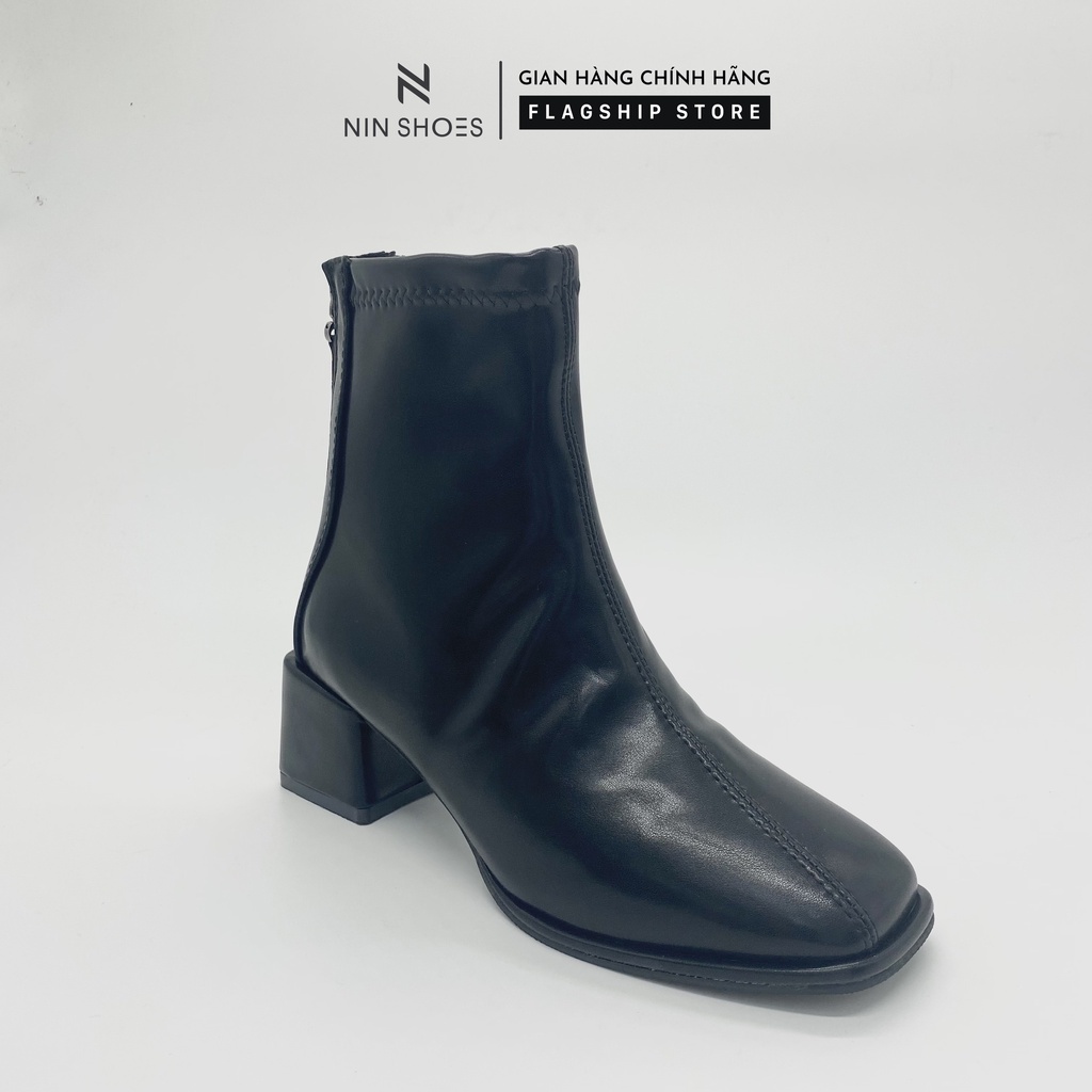 Giày Boot nữ 3p gót vuông chỉ gchéo kéo khóa sau da si Ninshoes | BigBuy360 - bigbuy360.vn