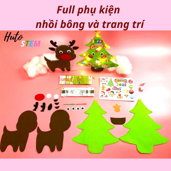 Thú Nhồi Bông DIY Bằng Vải Nỉ, Hai Thú Nhồi Bông Noel Size lớn, Full phụ kiện + Tặng kèm đèn nháy và stickers tự cắt dán