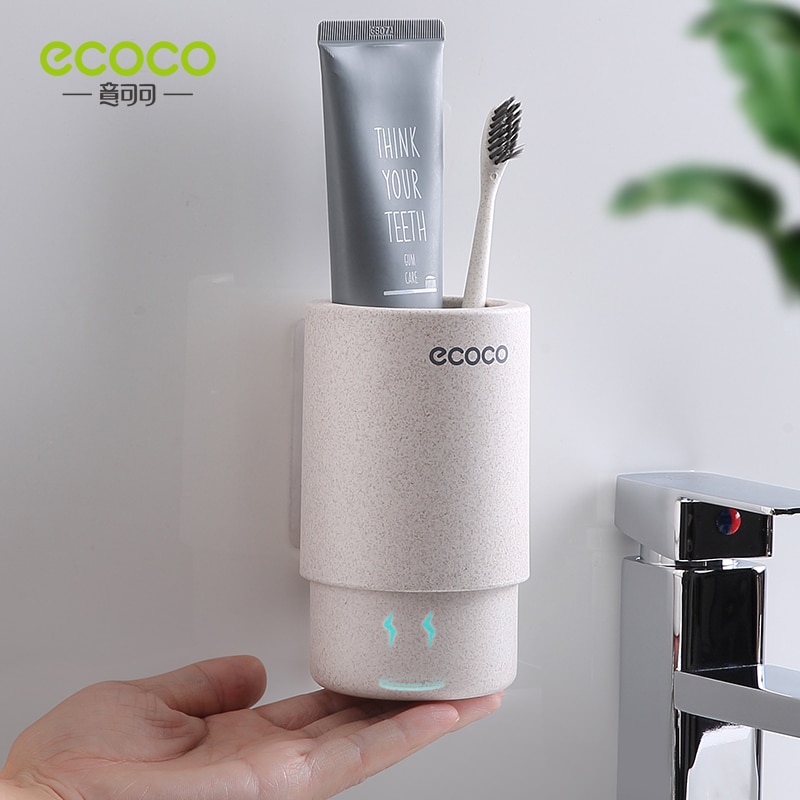 Cốc gắn tường ECOCO đựng bàn chải đánh răng/ vật dụng cho phòng tắm từ tính làm từ nhựa và rơm lúa mì