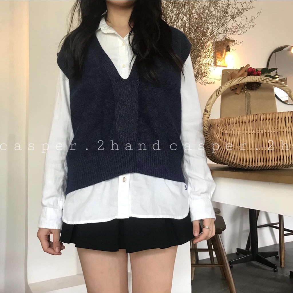 Áo gile len xanh navy dáng ngắn