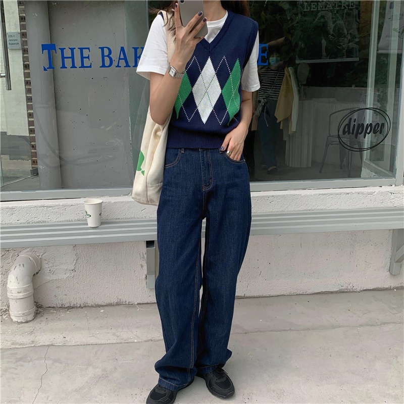 Áo vest cổ chữ V không tay in họa tiết thời trang retro Hàn Quốc cho nữ