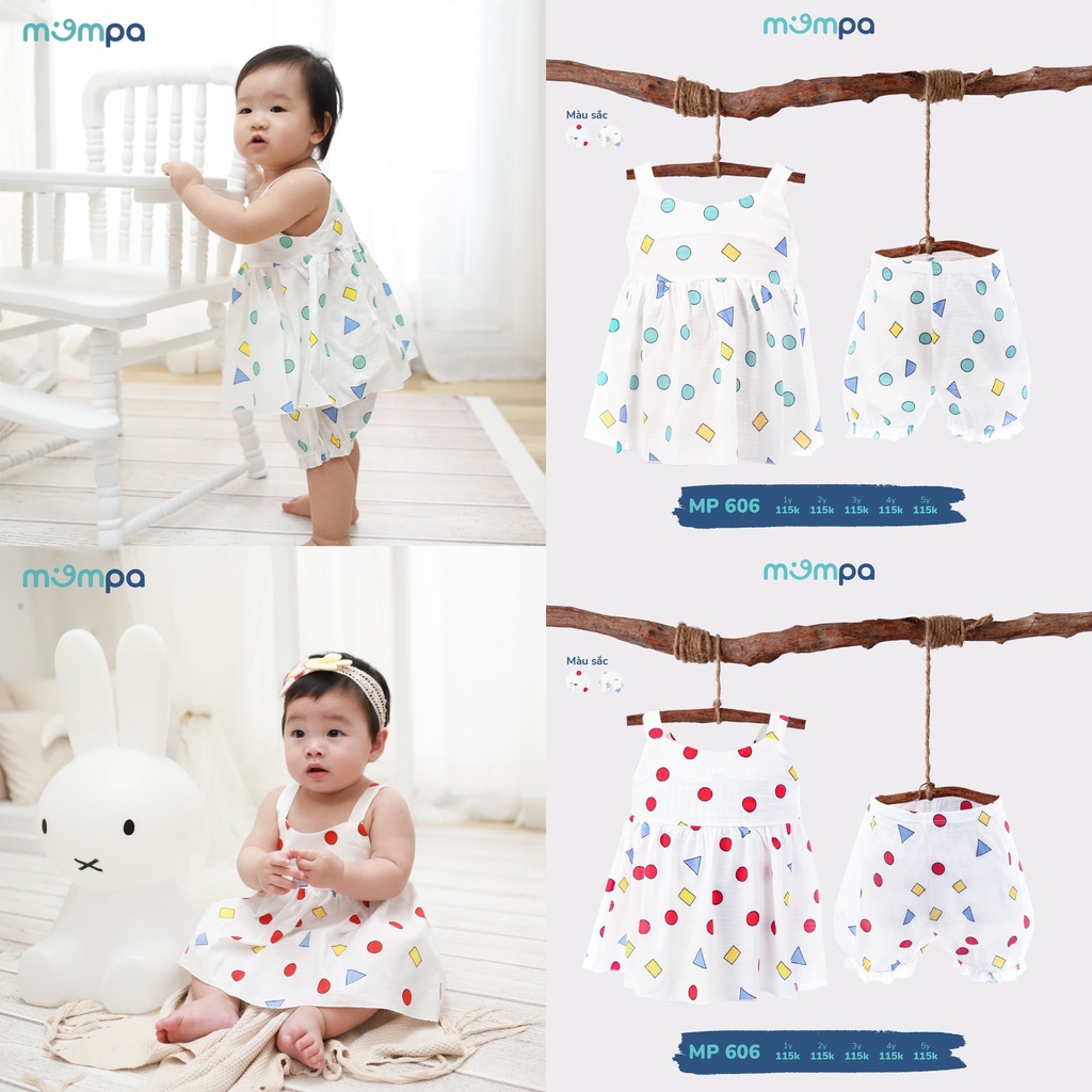 Bộ quần áo 2 dây xòe tầng Cotton Mompa cho bé gái 1 đến 5 tuổi xinh xắn