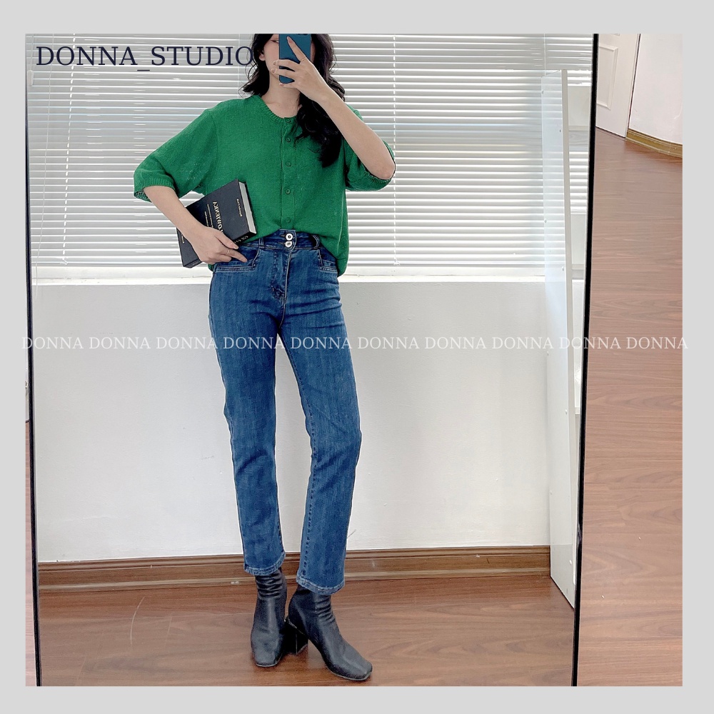 Quần Bò Ống Đứng 2 Cúc DONNA Quần Jean Cạp Cao Phong Cách Hàn Quốc