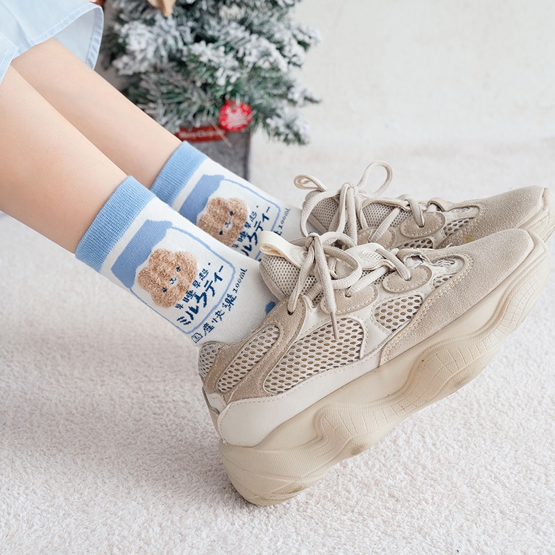 Tất Nữ Cao Cổ Màu Xanh Trắng Dễ Thương, Chất Liệu Vải Hàn Co Giãn Thoáng Khí