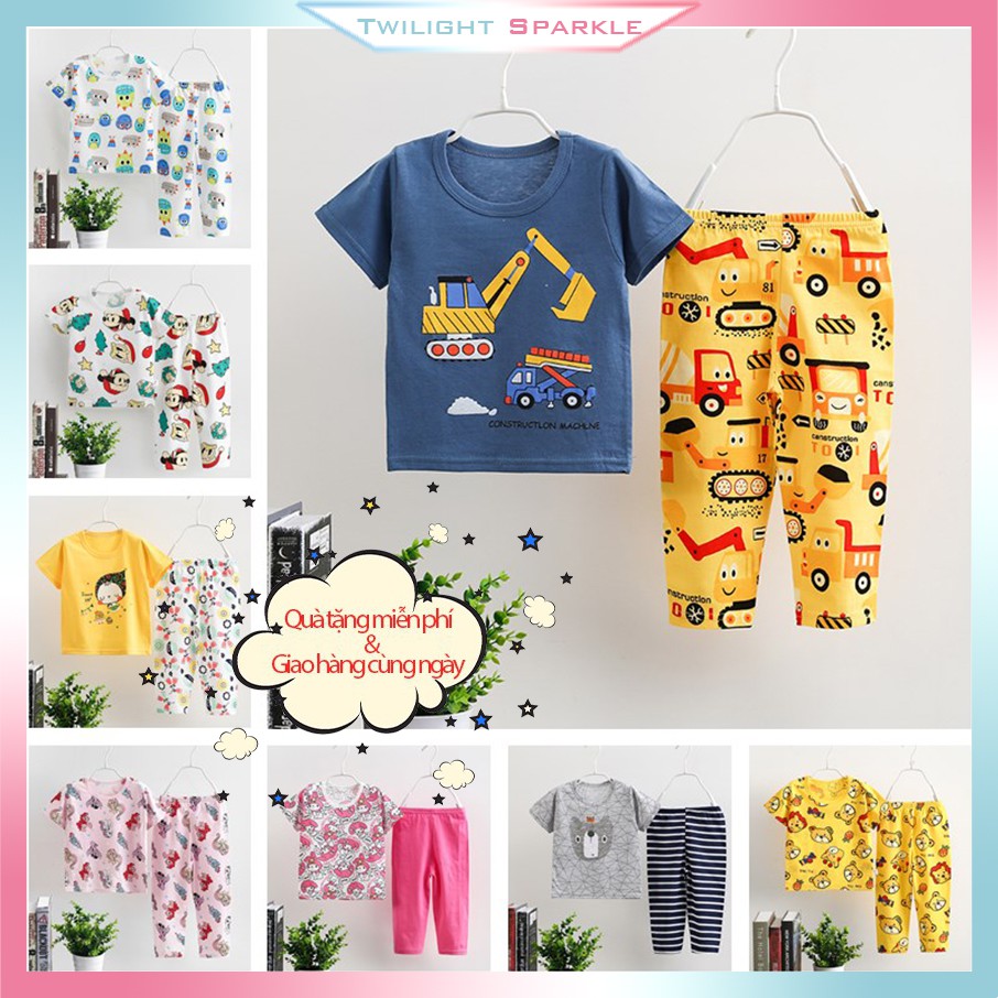 Set 2 món áo thun cotton ngắn tay in họa tiết hoạt hình kèm quần short thời trang cho bé dễ thương