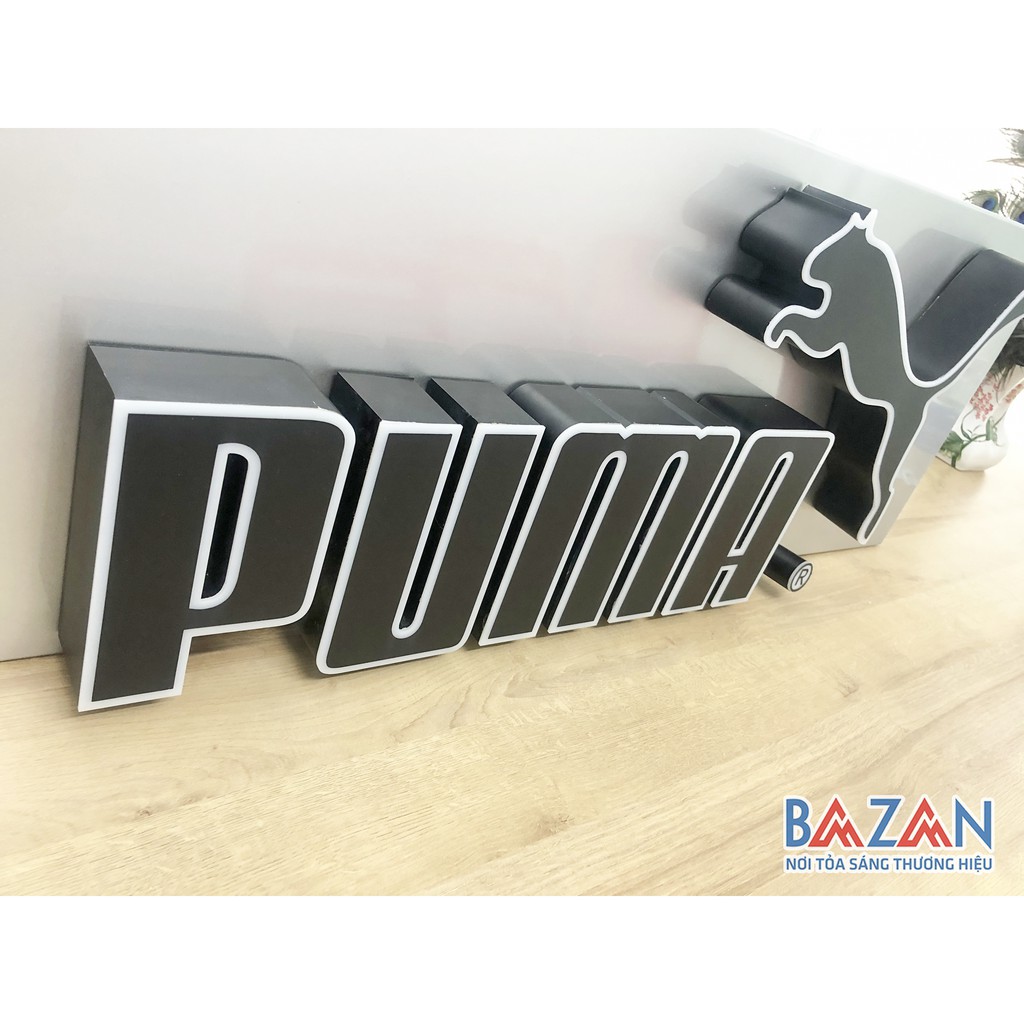 Logo Puma - Chữ nổi quảng cáo inox uốn ngược, mặt mica dán decal lưới