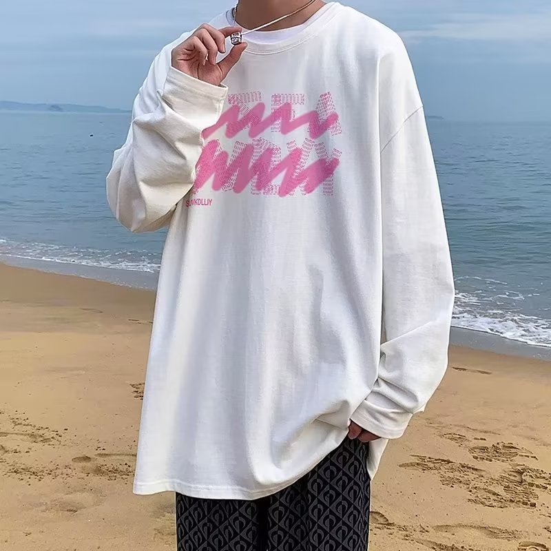 Áo Thun Tay Dài Dáng Rộng In Chữ Phong Cách Hong Kong Thời Trang Cho Nam / size M-5XL