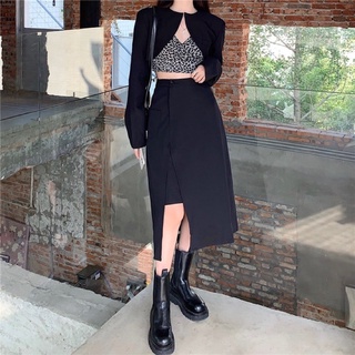 [TikToker thaohoang]Set áo khoác vest croptop+áo 2 dây crop da beo+váy/quần dài chic ulzzang sam sam Boutique