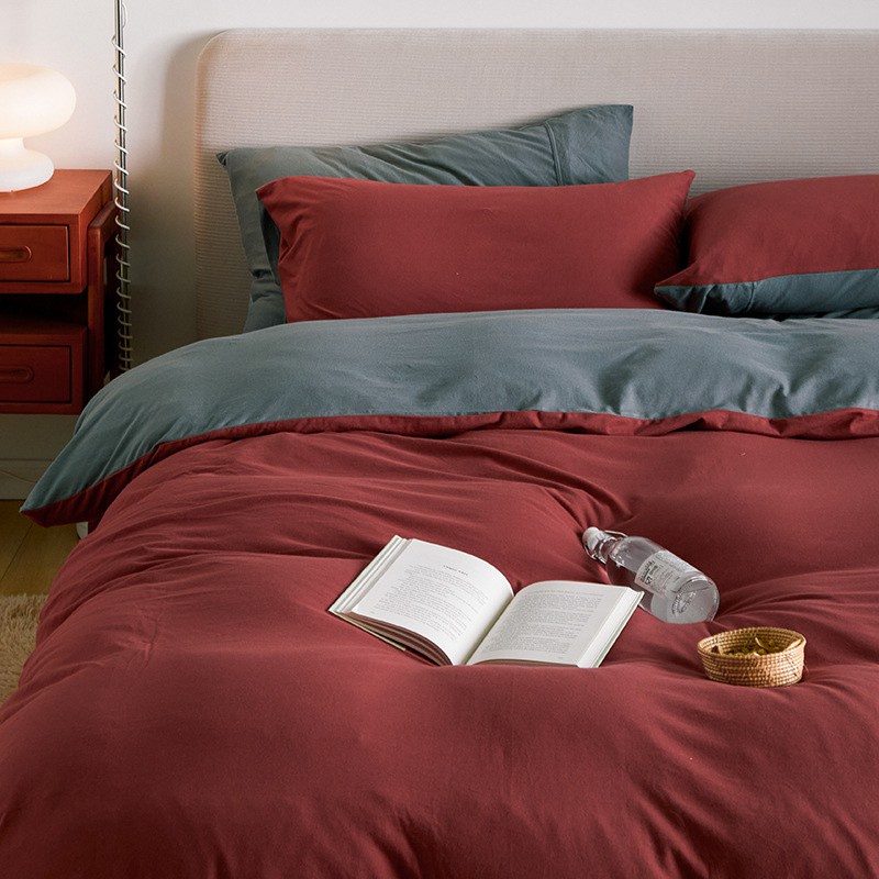 BỘ CHĂN GA GỐI COTTON TICI CAO CẤP ( CHĂN ĐÃ TRẦN BÔNG) MÀU ĐỎ GHI - ĐỦ KÍCH THƯỚC