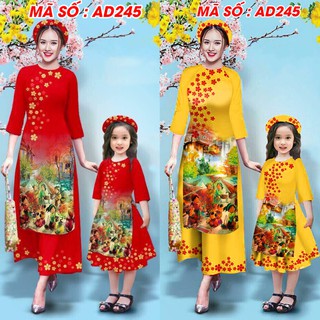 ⚡️ có big size 5XL ⚡️ AD245 Set Áo Dài Cách Tân MẸ VÀ BÉ họa tiết làng quê màu đỏ.