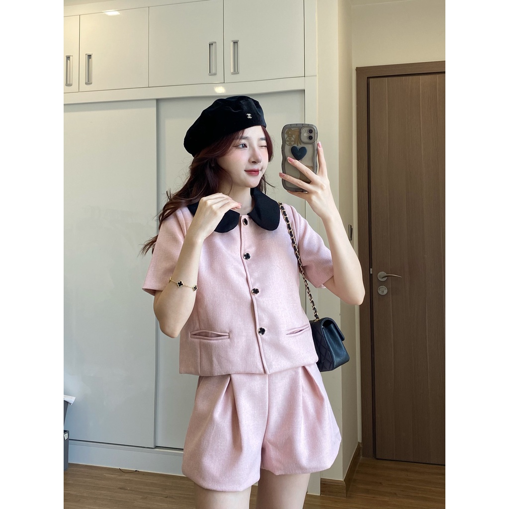 Sét tweed nữ cộc tay chất dạ Hàn mềm mịn phối quần tiểu thư