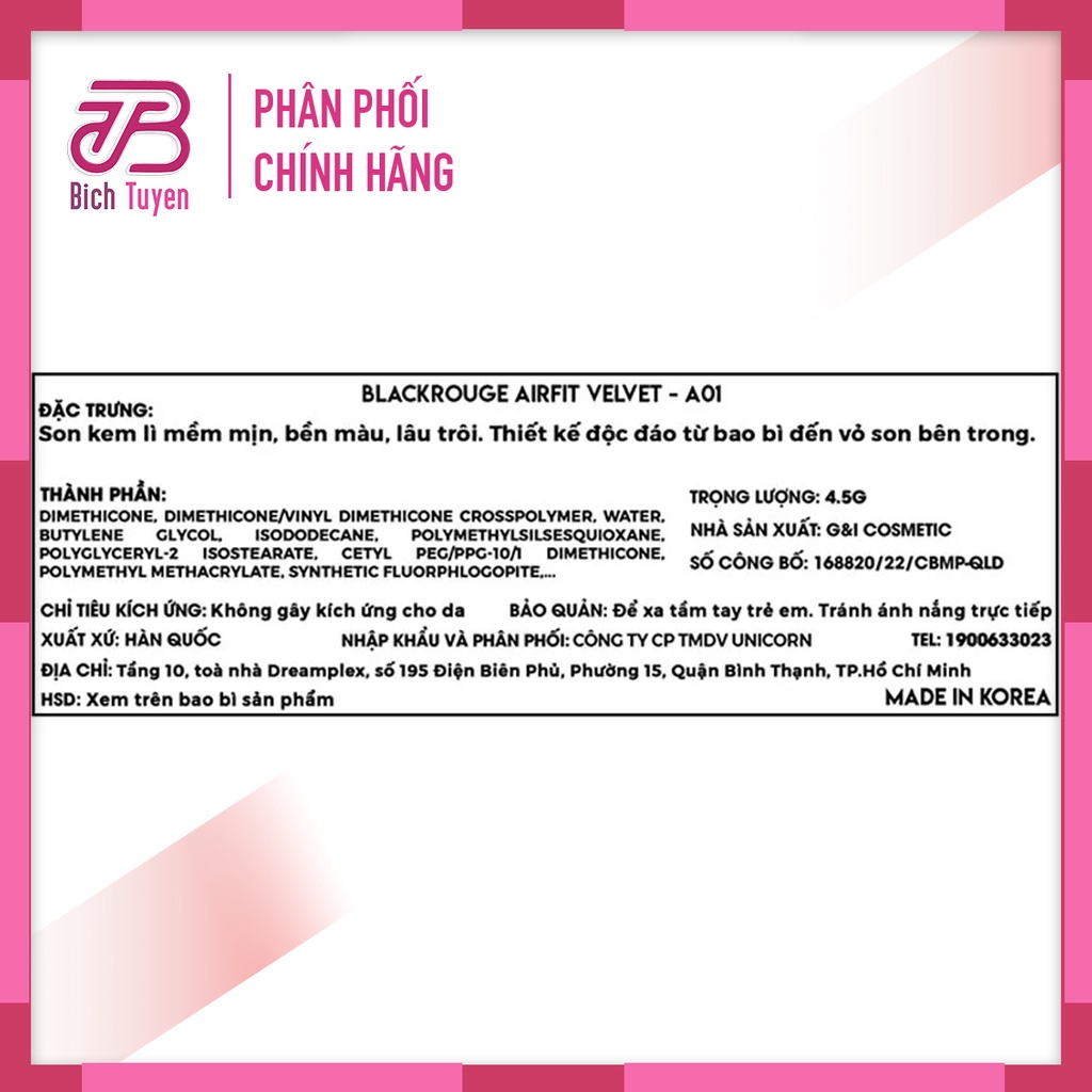 Son Kem Lì Black Rouge Air Fit Velvet Tint 4.5g - Son Kem Lì Hàn Quốc BT Cosmetic